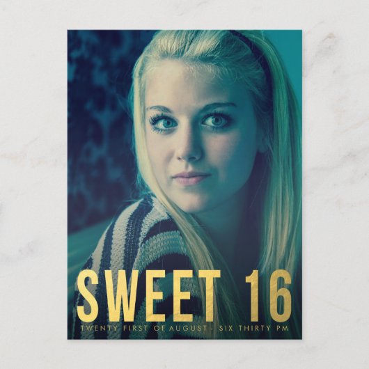 Gold Foil Sweet 16 Party Foto Briefkaart (Voorkant)
