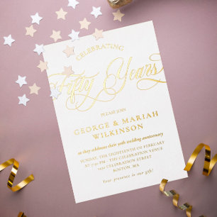 Gold Foil Swirly Script 50th Wedding Jubileum Folie Uitnodiging