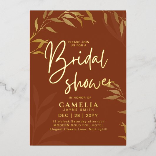 Gold Foil Terracotta leest VRIJGEZELLENFEEST QR-co Folie Uitnodiging (Voorkant)