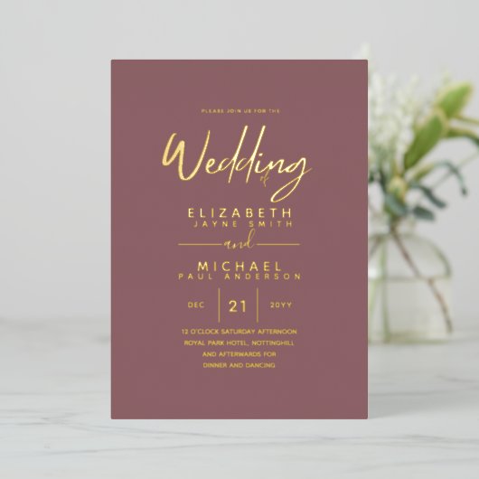GOLD FOIL Text Dusty Roos Pink Wedding Elegant Folie Uitnodiging (Staand Voorkant)