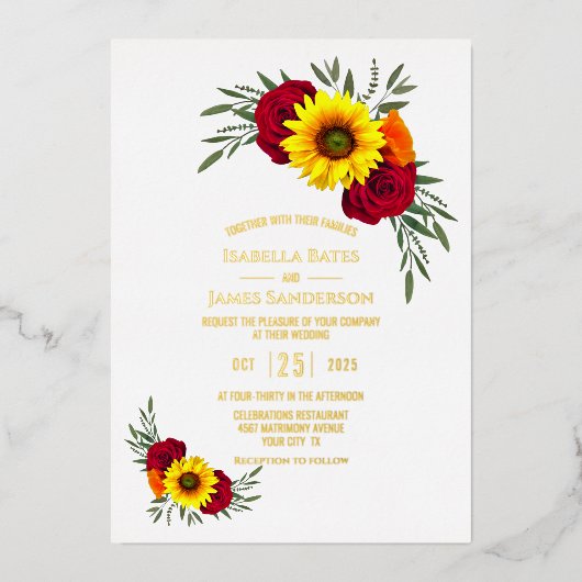 Gold Foil Text Elegant Sunflower Roos Weddenschap Folie Uitnodiging (Voorkant)