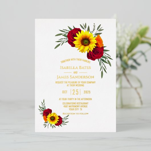 Gold Foil Text Elegant Sunflower Roos Weddenschap Folie Uitnodiging (Staand Voorkant)