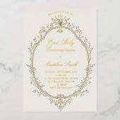 gold foil text first communion beige frame folie uitnodiging (Voorkant)