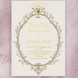 gold foil text first communion beige frame folie uitnodiging