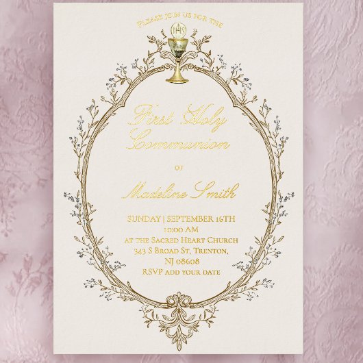 gold foil text first communion beige frame folie uitnodiging