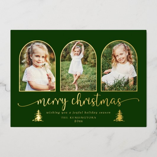 Gold Foil Trees 3 Arch kerstfoto Folie Feestdagenkaart (Voorkant)