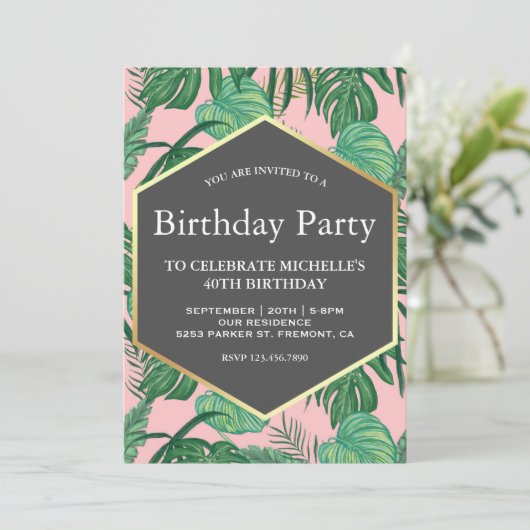 Gold Foil Tropical Leaves Beach Birthday Party Kaart (Staand voorkant)