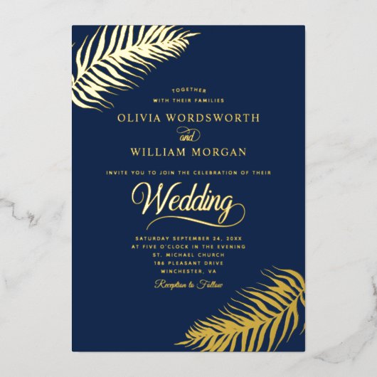 Gold Foil Tropical Leaves Minimalist Weddenschap Folie Uitnodiging (Voorkant)