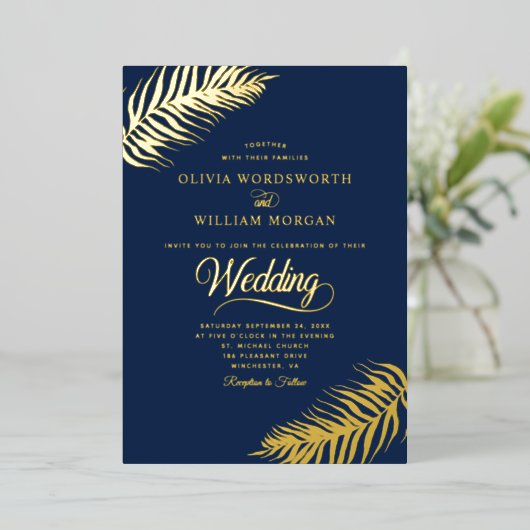Gold Foil Tropical Leaves Minimalist Weddenschap Folie Uitnodiging (Staand Voorkant)