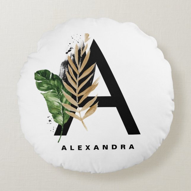 Gold Foil Tropical Letter A Monogram op maat Rond Kussen (Voorkant)