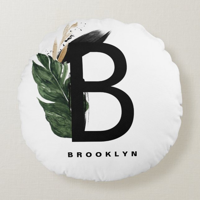 Gold Foil Tropical Letter B Monogram op maat Rond Kussen (Voorkant)