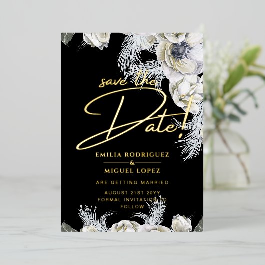 Gold Foil Tropical Pampas Grass Weddenschap Save D Folie Uitnodiging (Staand Voorkant)