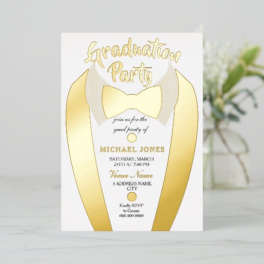 Gold Foil Tuxedo Suit Afstuderen Afstudeerder Part Folie Uitnodiging (Staand Voorkant)