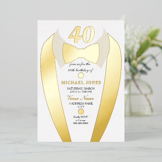 Gold Foil Tuxedo Suit Mannen 40e verjaardag Folie Uitnodiging (Staand Voorkant)