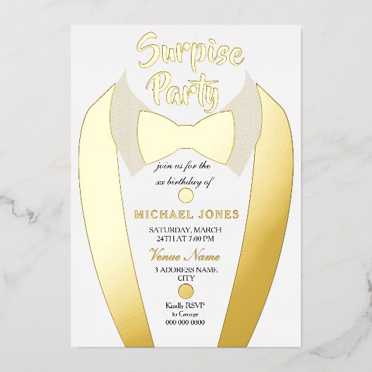 Gold Foil Tuxedo Suit Mannen Surprise Birthday Par Folie Uitnodiging (Voorkant)