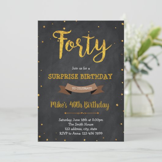Gold foil uitnodiging voor 40e verjaardag (Staand voorkant)