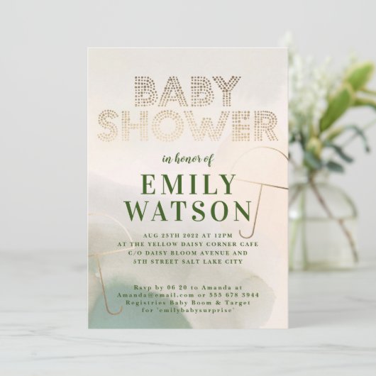Gold Foil Umbrella Dark Moss Green Baby shower Kaart (Staand voorkant)