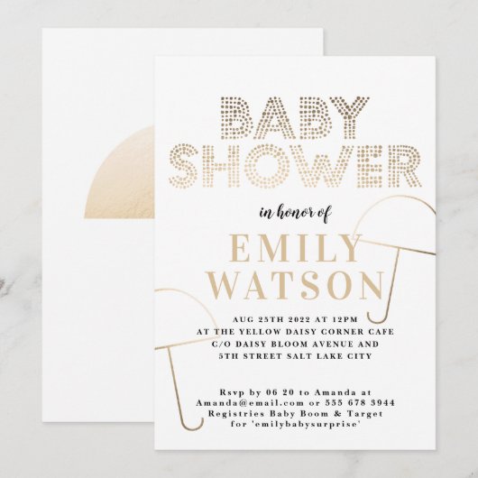 Gold Foil Umbrella White Baby shower Kaart (Voorkant / Achterkant)