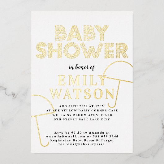 Gold Foil Umbrella White Gold Baby shower Folie Uitnodiging (Voorkant)