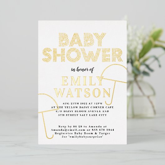 Gold Foil Umbrella White Gold Baby shower Folie Uitnodiging (Staand Voorkant)