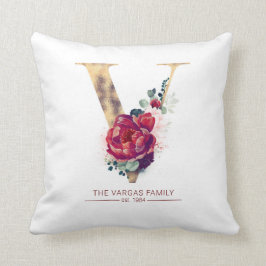 Gold Foil V Monogram Floral Burgundy Red Kussen