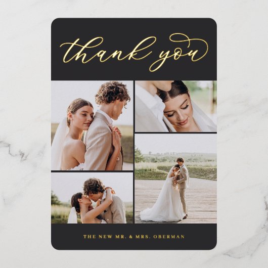 Gold Foil Vier Foto Weddenschap Hartelijk dank Folie Uitnodiging (Voorkant)
