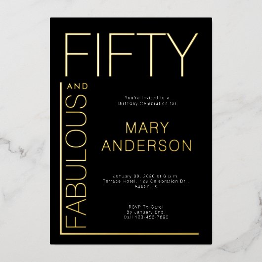 Gold Foil Vijftig en fantastisch 50ste verjaardags Folie Uitnodiging (Voorkant)
