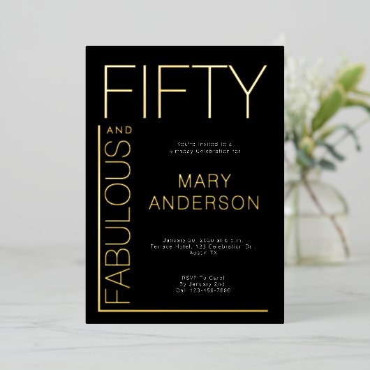 Gold Foil Vijftig en fantastisch 50ste verjaardags Folie Uitnodiging (Staand Voorkant)