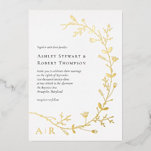 Gold Foil Vine Scroll Modern Wedding Invitation Folie Uitnodiging (Voorkant)