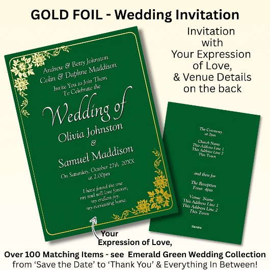 Gold Foil Wedding Invitation Emerald Green White  Folie Uitnodiging