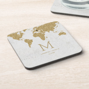 Gold Foil Wereldkaart Destination WeddenMonogram Drankjes Onderzetter