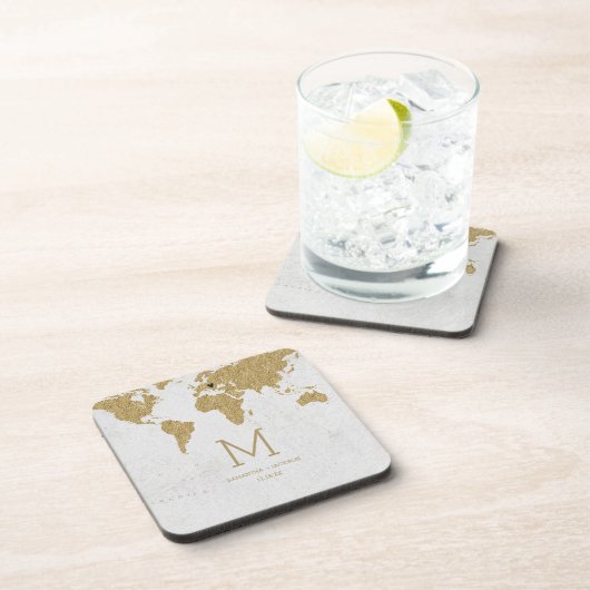 Gold Foil Wereldkaart Destination WeddenMonogram Drankjes Onderzetter (Rechterzijde)