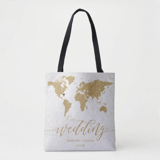 Gold Foil Wereldkaart Destination WeddenMonogram Tote Bag (Voorkant)