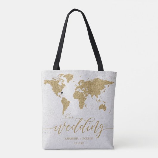 Gold Foil Wereldkaart Destination WeddenMonogram Tote Bag (Achterkant)