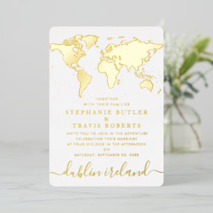 Gold Foil Wereldkaart Destination Wedding Folie Uitnodiging