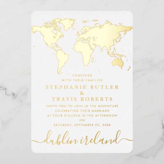 Gold Foil Wereldkaart Destination Wedding Folie Uitnodiging (Voorkant)