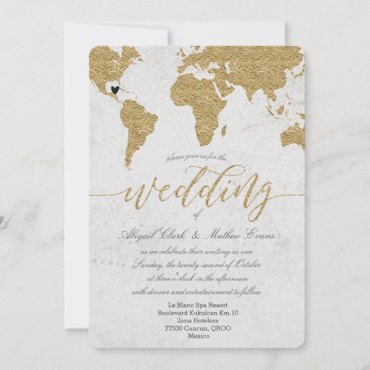 Gold Foil Wereldkaart Destination Wedding Invitati Kaart (Voorkant)