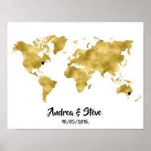 Gold Foil Wereldkaart met hartenparen Poster