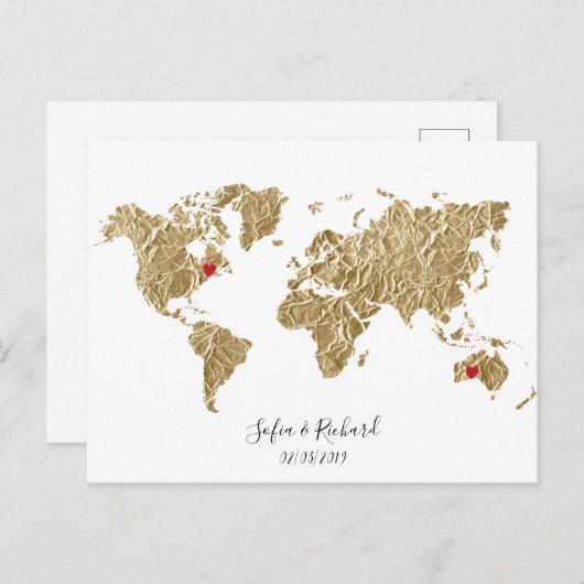 Gold Foil Wereldkaart met verwisselbare harten Briefkaart (Voorkant / Achterkant)