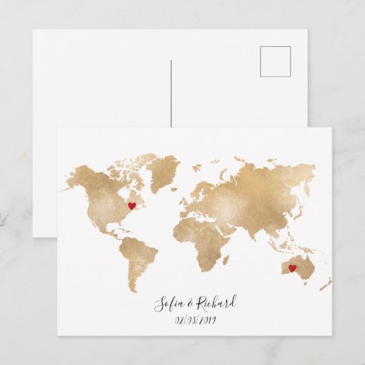 Gold Foil Wereldkaart met verwisselbare harten Briefkaart (Voorkant / Achterkant)