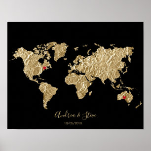 Gold Foil Wereldkaart met verwisselbare harten Poster