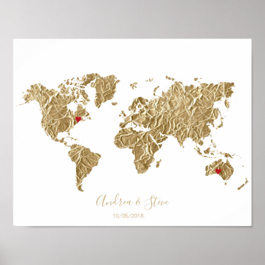 Gold Foil Wereldkaart met verwisselbare harten Poster (Voorkant)