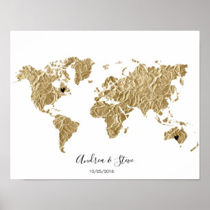 Gold Foil Wereldkaart met verwisselbare harten Poster
