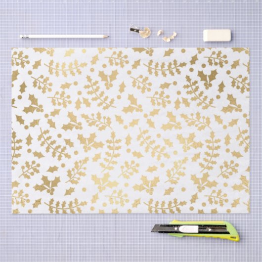 Gold Foil & White Holly Winter Kerstmis Tissuepapier (Craft)