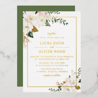 Gold Foil white magnolia floral wedding invitation Folie Uitnodiging