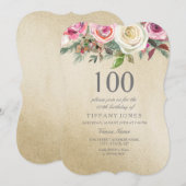 Gold Foil White Roze Rose 100th Birthday Invite Kaart (Voorkant / Achterkant)