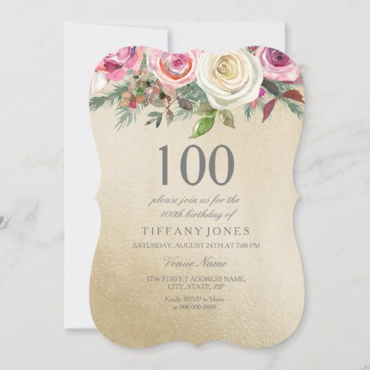 Gold Foil White Roze Rose 100th Birthday Invite Kaart (Voorkant)