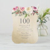 Gold Foil White Roze Rose 100th Birthday Invite Kaart (Staand voorkant)