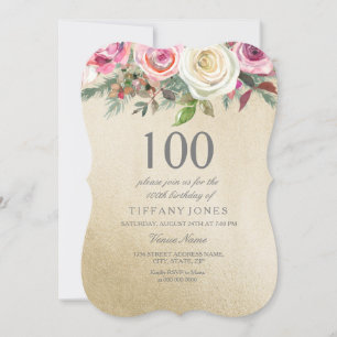 Gold Foil White Roze Rose 100th Birthday Invite Kaart