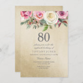 Gold Foil White roze Rose 80th Birthday Invite Kaart (Voorkant / Achterkant)